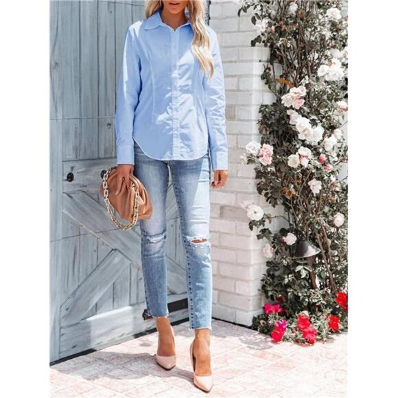 Women's Button Down Long Sleeve Dress Shirts Wrinkle Free Collared - Picture 5 of 6